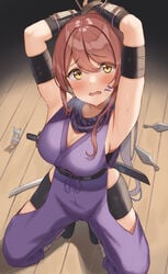 1girls bondage bound captured female female_focus hands_above_head hotpants idolmaster imminent_rape kunoichi oosaki_tenka wanimaru