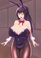 1girls angry big_breasts blush breasts bunnysuit cleavage clothed clothing comic curvy female_focus female_only hi_res long_hair open_mouth please_don't_bully_me,_nagatoro president_(nagatoro) purple_hair red_eyes revealing_clothes sana_sunomiya simple_background solo standing suppuri wide_hips