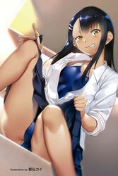 1girls black_hair blush breasts brown_eyes clothed clothing female_focus female_only hayase_nagatoro long_hair looking_at_viewer please_don't_bully_me,_nagatoro revealing_clothes school school_uniform skirt_lift small_breasts smile solo swimsuit tomohiro_kai undressing upskirt watermark