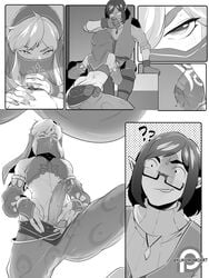 2boys black_and_white blowjob blush bozai breath_of_the_wild canon_crossdressing comic confusion crossdressing erection fellatio fellatio_under_mask fellatio_under_veil femboy gerudo_link hylian hylian_ears imminent_fellatio kukumomo link looking_at_another male monochrome mouth_veil oral oral_sex penis_shadow surprised the_legend_of_zelda trap veil yaoi you_gonna_get_raped