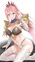 arm_up armor bikini bikini_armor blue_eyes breasts cleavage female female_only highres large_breasts looking_at_viewer navel pink_hair ponytail revealing_clothes riteral seiza shionne shionne_(tales) shoulder_armor sitting skimpy_clothes solo stockings swimsuit tales_of_(series) tales_of_arise tales_of_the_abyss thighhighs thighs thong_bikini white_legwear