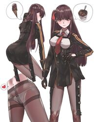 adjusting_hair bangs black_gloves blush breasts eyebrows_visible_through_hair feet_out_of_frame female female food girls'_frontline gloves hair_ribbon heart highres ice_cream long_hair long_sleeves looking_at_viewer looking_back multiple_views necktie one_side_up panties pantyhose purple_hair red_eyes red_necktie ribbon simple_background thighband_pantyhose thought_bubble treeman underwear wa2000_(girls'_frontline) white_background white_panties