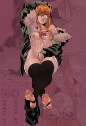 1girls abs ashino_art bbw big_lips curvaceous curvy feet glasses green_jacket jacket legwear medium_breasts nerdy_female orange_hair persona persona_5 sakura_futaba shirt_lift stockings thick_thighs thighs