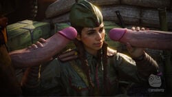 1girls 2boys 3d blender braided_hair call_of_duty clothed garrison_cap handjob polina_petrova prederty public service smiling soviet unseen_male_face world_war_2