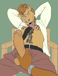 anthro beastars cervid cervine chair clock clothed clothing duo felid flexing free_(beastars) furniture hair handjob head_tuft lion louis_(beastars) male male/male mammal masturbation necktie neverwolf open_clothing open_shirt open_topwear pantherine penile red_body red_deer sex shirt tongue tongue_out topwear tuft watch yellow_body