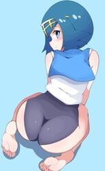 1girls aged_up ass ass_focus big_ass big_butt blue_background blue_eyes blue_hair blue_theme blush clothing eye_contact feet female human kneeling lana_(pokemon) looking_at_viewer looking_back nintendo pale_skin pokemon pokemon_sm rkh999 short_hair solo swimsuit thick_thighs thighs