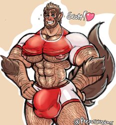 1boy balls bara beard big_bulge blue_eyes blush brown_hair bulge flaccid gay hairy hairy_abs hairy_arms hairy_chest hairy_hands hairy_legs hairy_male hairy_thighs lifted_shirt male male_only monster_prom muscles muscular nipples penis pteroscreams scott_howl smiling solo solo_male tail underboob werewolf