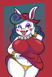 big_breasts blush blushing_at_viewer breasts cuffs curly_hair eyeshadow furry green_hair hand_on_cheek huge_breasts lifting_dress madame_broode mario_(series) panties pantyshot pearl_necklace rabbit rabbit_ears rabbit_girl red_dress red_eyes red_lipstick spikes super_mario_odyssey upskirt white_fur yellow_panties