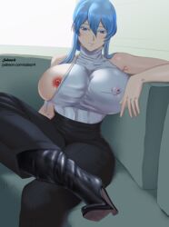 1girls akame_ga_kill! alternate_costume bare_shoulders black_pants blue_eyes blue_hair blush boots crossed_legs curvaceous curves curvy esdeath_(akame_ga_kill!) female female_only femdom fully_clothed gentle_femdom gentle_mommy high_heel_boots high_heeled_boots high_heels huge_breasts human impossible_shirt large_breasts looking_at_viewer no_bra one_breast_out pants salazr4 sitting_on_couch solo teasing tight_pants