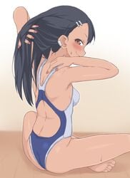 1girls black_hair blush breasts brown_eyes bubukka clothed clothing female_focus female_only hayase_nagatoro hi_res long_hair looking_at_viewer please_don't_bully_me,_nagatoro pose revealing_clothes sideboob simple_background small_breasts smile solo sweat swimsuit