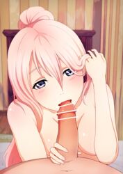 bangs blowjob blue_eyes blush breasts cleavage fellatio female hair_between_eyes large_breasts long_hair open_mouth pink_hair ponytail shionne_(tales) solo tales_of_(series) tales_of_arise