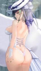 1girls 2021 absurdres animal_ears ass ass_focus azur_lane back bangs bare_shoulders black_hair blue_eyes blunt_bangs blush bow breasts bridal_gauntlets cheshire_(azur_lane) cheshire_(the_cat_and_the_white_steed)_(azur_lane) closed_mouth cowboy_shot cross-laced_clothes day ear_piercing eyebrows_visible_through_hair female female female_focus female_only green_hair green_nails hairbow hat hat_bow hat_ornament highres horse kuwahara_taiki lingerie looking_at_viewer looking_back medium_breasts multicolored_hair nail_polish official_alternate_costume outdoors piercing purple_bow sideboob smile solo solo_female standing streaked_hair striped striped_bow sunlight thong two-tone_hair underwear underwear_only white_headwear white_horse