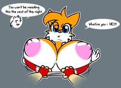 big_breasts breasts canid canine clothing english_text female floating_arms fox huge_breasts mammal mobian_(species) nipples norithics rule_63 sega sharking sonic_(series) sonic_the_hedgehog sonic_the_hedgehog_(series) tails tailsko text topwear tube_top