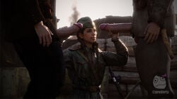 1girls 2boys 3d big_penis blender braided_hair call_of_duty clothed garrison_cap handjob huge_cock large_penis laura_bailey penis polina_petrova prederty public service smiling soviet unseen_male_face world_war_2