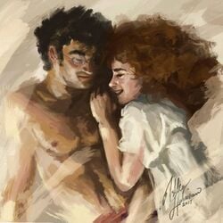 1boy 1girls asha47110 couple cuddling female harry_and_hermione harry_james_potter harry_potter hermione_granger lowres male shirtless_male straight