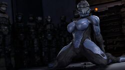 1girls 3d 7boys athletic_female female halo_(series) helmet human kneeling large_breasts looking_at_viewer madis259 odst pose seductive skin_tight spartan_(halo) watching