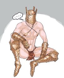 ... 1boy alternate_costume armor bikini clothed dark_souls fromsoftware gauntlets helmet knight knight_lautrec_of_carim lfoudon loincloth male male_only masked masked_male micro_bikini muscular muscular_male nipple_bulge sitting solo