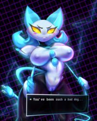 anthro bedroom_eyes big_breasts blue_fur blue_tail boots breasts cat_ears cat_tail deltarune deltarune_chapter_2 dialogue dominant_female electricity exposed_pussy feline female_only glowing_eyes holding_object holding_whip leggings lewdlagoon pussy_peek shading shiny_skin smirking smirking_at_viewer squeezing squeezing_breast tail tasque_manager_(deltarune) text_bubble thick_ass thick_thighs thin_waist uncensored whip yellow_eyes yellow_sclera