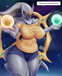 1girls anthrofied arceus big_breasts blue_shorts breasts female grey_body mleonheart nintendo phone pokémon_(species) pokemon pokemon_(species) solo solo_female space tagme white_body yellow_body yellow_shirt