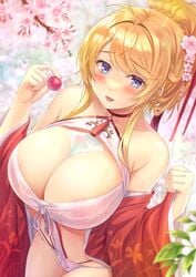 1girls 2021 alternate_version_available areola areola_slip azur_lane bangs blonde_hair blue_eyes breasts cherry_blossoms cute eyebrows_visible_through_hair female female_focus female_only floral_print flower glorious_(azur_lane) glorious_(pungent_plum)_(azur_lane) hair_flower hair_ornament highres hinamo japanese_clothes kimono large_breasts light-skinned_female light_skin looking_at_viewer nipples official_alternate_costume open_mouth parted_bangs ponytail print_kimono red_kimono royal_navy_(azur_lane) see-through smile solo sweat