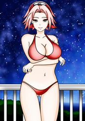 1girls arms_crossed arms_crossed_under_breasts arms_folded ass ass_visible_through_thighs balcony bedroom_eyes big_breasts bikini_bottom bikini_top black_background bob_cut breasts cleavage clothing eyeshadow female female_focus female_only green_eyes hairband large_breasts legs lips lipstick looking_at_viewer makeup naruto naruto_(series) naruto_shippuden night nobbster pale-skinned_female pale_skin panties partially_clothed perky_breasts pink_hair pink_lips pink_lipstick pinup pose posing red_bikini red_panties red_swimsuit red_thong revealing_clothes sakura_haruno seductive_eyes seductive_look shoulder_length_hair shounen_jump smile smiling solo solo_female solo_focus standing swimsuit teenager thighs thong trees voluptuous