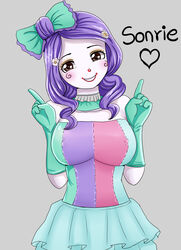 artist_request big_breasts blush breasts brown_eyes clothed clown clown_costume clown_girl clown_makeup clown_nose gloves heart looking_at_viewer makeup nipple_bulge nipples pixi_payasita purple_hair skirt smile smiling spanish_text