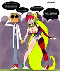 1girls 2d breasts cartoon_network clothing demencia_(villainous) dr._flug_(villainous) elpeste female forced forced_exhibitionism job male male/female multicolored_hair nipples panties public scientist spanish_text tagme text unhappy_female villain villainess villainous