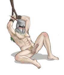 arms_up blush body_hair bondage bound_wrists dark_souls erection fromsoftware helmet male male_only masked masked_male penis precum_drip restrained rope solaire_of_astora solo spicy uncensored wrists_bound