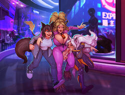 animal_ears anthro areola_slip balls big_balls blonde_hair blue_eyes bodysuit brown_eyes brown_hair cowbell crona cum cum_in_mouth dickgirl fellatio female fully_clothed furry futanari hooves horns jacket jeans large_breasts long_ears necklace nipple_bulge shirt tail white_hair