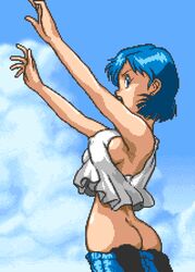 1girls ass_cleavage assisted_exposure beach blue_hair butt_crack erect_nipples female pantsing pixel_art saiwai_hiroshi short_blue_hair short_hair shorts_down shorts_pull sole_female solo solo_female super_real_mahjong super_real_mahjong_p4 water yuu_(super_real_mahjong)