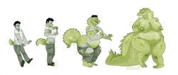 anthro belly big_belly big_breasts big_nipples big_tail breasts clothing crocodile crocodilian crocodylid curvy_figure female gender_transformation genitals green_body hhazard human human_to_anthro male mammal mtf_transformation nipples pussy reptile scales scalie smile solo species_transformation surprise tail_on_ground torn_clothing transformation voluptuous weight_gain