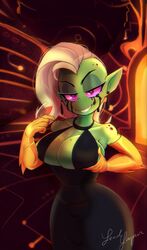 big_breasts big_breasts black_dress freckles green_body green_skin lewdlagoon lord_dominator pink_eyes pinup red_spots smile smiling smirking smirking_at_viewer wander_over_yonder white_hair wine wine_glass