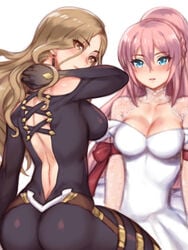 2girls ass back_cutout black_bodysuit black_gloves blue_eyes blush bodysuit bow breasts brown_eyes brown_hair cleavage clothing_cutout commentary_request criss-cross_back-straps cross-laced_clothes dangle_earrings dark_blonde dark_blonde_hair dirty_blonde dirty_blonde_hair dress earrings folks_(nabokof) gloves image jewelry kisara_(tales) long_hair looking_at_viewer looking_back medium_breasts multiple_girls pants parted_lips partial_commentary pink_hair ponytail red_bow sandy_blonde sandy_blonde_hair shionne_(tales) simple_background tales_of_(series) tales_of_arise tight tight_pants white_background white_dress