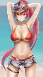 1girls 2021 belly bikini bikini_bottom bikini_top breasts cap female female_focus female_only heterochromia hololive hololive_fantasy hololive_japan houshou_marine long_hair looking_at_viewer navel ponytail red_bikini red_bikini_bottom red_bikini_top red_eye red_hair shorts shorts_down smile solo solo_female standing sunglasses sunglasses_on_head sweat sweatdrop thigh_strap tonntorotororo virtual_youtuber yellow_eye