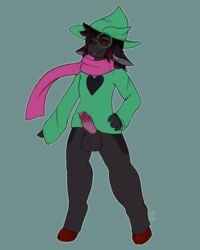 1boy 2d 4:5 absurd_res anthro anthro_male anthro_only balls bovid caprine clothed clothing deltarune demon erection eyewear furry furry_male furry_only genitals glasses goat hat headgear headwear hi_res humanoid humanoid_male humanoid_only jintally male male_only mammal mammal_humanoid partially_clothed penis pinup pose ralsei ralsei_with_black_fur scarf shirt solo topwear undertale_(series) video_games