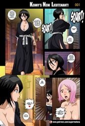 1boy 2girls aged_up alternate_breast_size bleach english_text female kenpachi_zaraki kuchiki_rukia kusajishi_yachiru male multiple_girls page_1 super_melons text