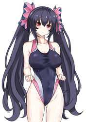 adjusting_swimsuit black_hair completely_nude_female large_breasts neptunia_(series) noire one-piece_swimsuit red_eyes ribbon swimsuit twintails wet