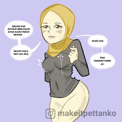 2021 alternate_version_available clothed dripping_milk female foreign_text hijab instagram_username looking_at_viewer milk milking solo speech_bubble translation_request