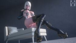 3d 3d_(artwork) ass blender breasts breasts clitoris high_boots high_heels hv54rdsl nier:_automata nipples pussy square_enix white_hair white_skin yorha_a2