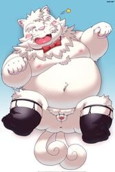 2021 anthro anus balls belly blush debudave_12 domestic_cat felid feline felis fur genitals hi_res humanoid_genitalia humanoid_hands humanoid_penis kemono lying male mammal moobs navel nipples one_eye_closed overweight overweight_male penis pink_nose small_penis solo white_body white_fur wink