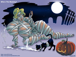 1girls :3 black_cat black_fur blonde_hair breast feline female female_focus female_only full_moon gauze green_eyes halloween house_cat hyper hyper_breasts jacques00 lactating lactation large_breasts milk milk_on_floor moon mummy mummy_costume mummy_wrappings pumpkin thick_thighs thighs