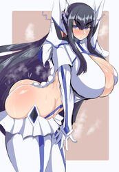 1girls ass big_breasts black_hair blush breasts eye_contact female gloves huge_breasts junketsu kill_la_kill kiryuuin_satsuki large_breasts long_hair looking_at_viewer partially_clothed rururu82010664 sideboob simple_background solo thick_thighs thighhighs thighs voluptuous