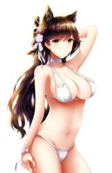 1girls 2017 animal_ears atago_(azur_lane) atago_(summer_march)_(azur_lane) azur_lane bikini black_hair blush breasts choker closed_eyes cowboy_shot eyebrows_visible_through_hair female female_only hair_ribbon holding holding_sword holding_weapon katana light-skinned_female light_skin looking_at_viewer medium_breasts ribbon sakura_empire_(azur_lane) simple_background smile solo swimsuit sword weapon white_background white_bikini white_neckwear white_ribbon wsman yellow_eyes