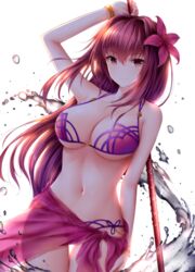 1girls 2018 arm_up bikini breasts fate/grand_order fate_(series) female female_only flower hair_flower hair_ornament highres large_breasts leg_garter long_hair looking_at_viewer navel pink_bikini purple_bikini sarong scathach_(fate) scathach_(swimsuit_assassin) scathach_(swimsuit_assassin)_(fate) smile solo swimsuit water white_background wsman