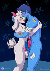 2boys anthro balls balls_touching bandage big_penis black_background blue_background blue_body blue_hair blue_penis blue_skin blueumbra blush deltarune deltarune_chapter_2 duo fangs fluffy furry gay glasses goat group horns hug human kris_(deltarune) long_ears long_penis male male_only muscles naked nude pink_horn ralsei ralsei_(deltarune) ralsei_with_white_fur scars signature simple_background stars watermark white_body white_fur white_penis white_skin yaoi