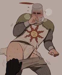 assisted_exposure blush body_hair bulge dark_souls erection erection_under_clothes fromsoftware helmet knight male male_only masked masked_male oji_harem pants_down pants_pull precum precum_through_clothing solaire_of_astora solo_focus sweat tenting visible_breath