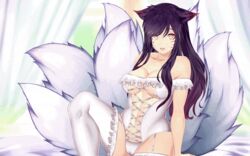 1girls ahri animated artist_request breasts_visible_through_clothing bustier clothed clothing female_focus fox_ears fox_tail league_of_legends lingerie maid riot_games solo_female thighhighs thighs