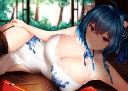 1girls 2018 ahoge alternate_costume armpits azur_lane bangs bare_shoulders black_legwear blue_hair blurry blurry_background blush bow breasts bush calligraphy_brush china_dress chinese_clothes cleavage cleavage_cutout closed_mouth clothing_cutout crossed_bangs day doorway dress eyebrows_visible_through_hair female female_only floral_print garter_straps gloves hair_between_eyes hair_ribbon hairbow hand_on_thigh highres lace lace-trimmed_legwear lace_trim large_breasts long_hair looking_at_viewer lying on_side paintbrush purple_eyes ribbon shaded_face shiny shiny_skin side_slit sidelocks smile solo st._louis_(azur_lane) st._louis_(splendor_of_spring)_(azur_lane) thighhighs thighs tree white_bow white_dress white_ribbon wsman