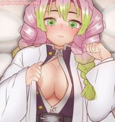 animated areola_slip big_breasts braided_hair cleavage copochui demon_slayer female female_only flashing flashing_breasts green_eyes haori kanroji_mitsuri kimetsu_no_yaiba looking_at_viewer lynasheet mole_under_eye on_back open_shirt pink_hair shirt_pull smile solo teasing two_tone_hair uniform upper_body