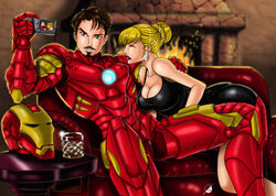 bent_over big_breasts blonde_hair breasts camera cleavage closed_eyes fireplace iron_man iron_man_(series) lipstick marvel marvel_cinematic_universe osmar-shotgun pepper_potts tagme tied_hair tony_stark